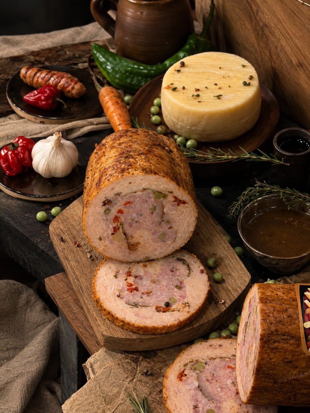 Enrollado de pollo cortado en rodajas sobre tabla de madera, mostrando su relleno de arvejas, zanahoria y pimiento