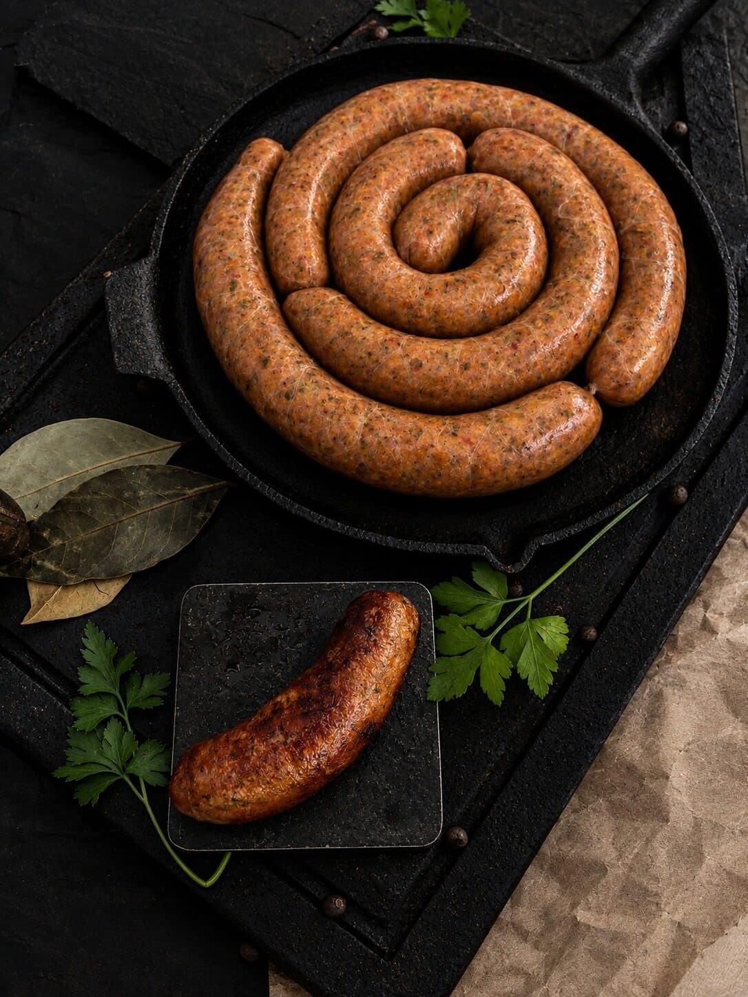 Longaniza en espiral dentro de un sartén de hierro, junto a un trozo asado, perejil y laurel